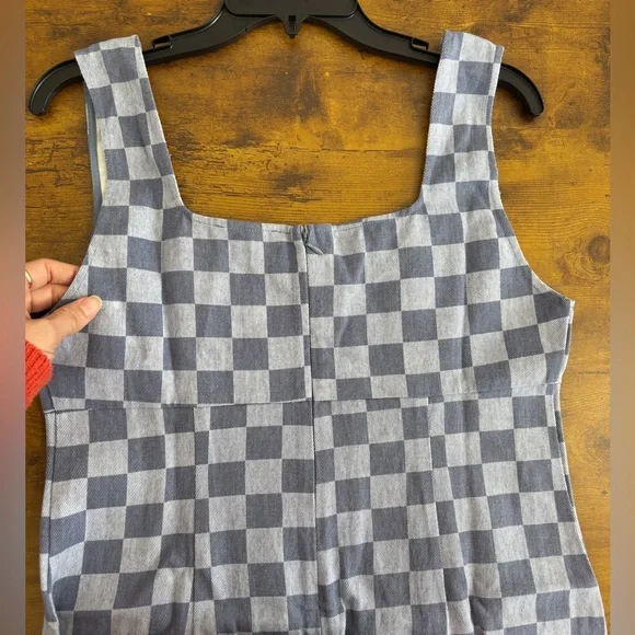 NWT Blue Blush Denim Checkered Mini Dress Size Large Square Neckline Sleeveless - Picture 9 of 9